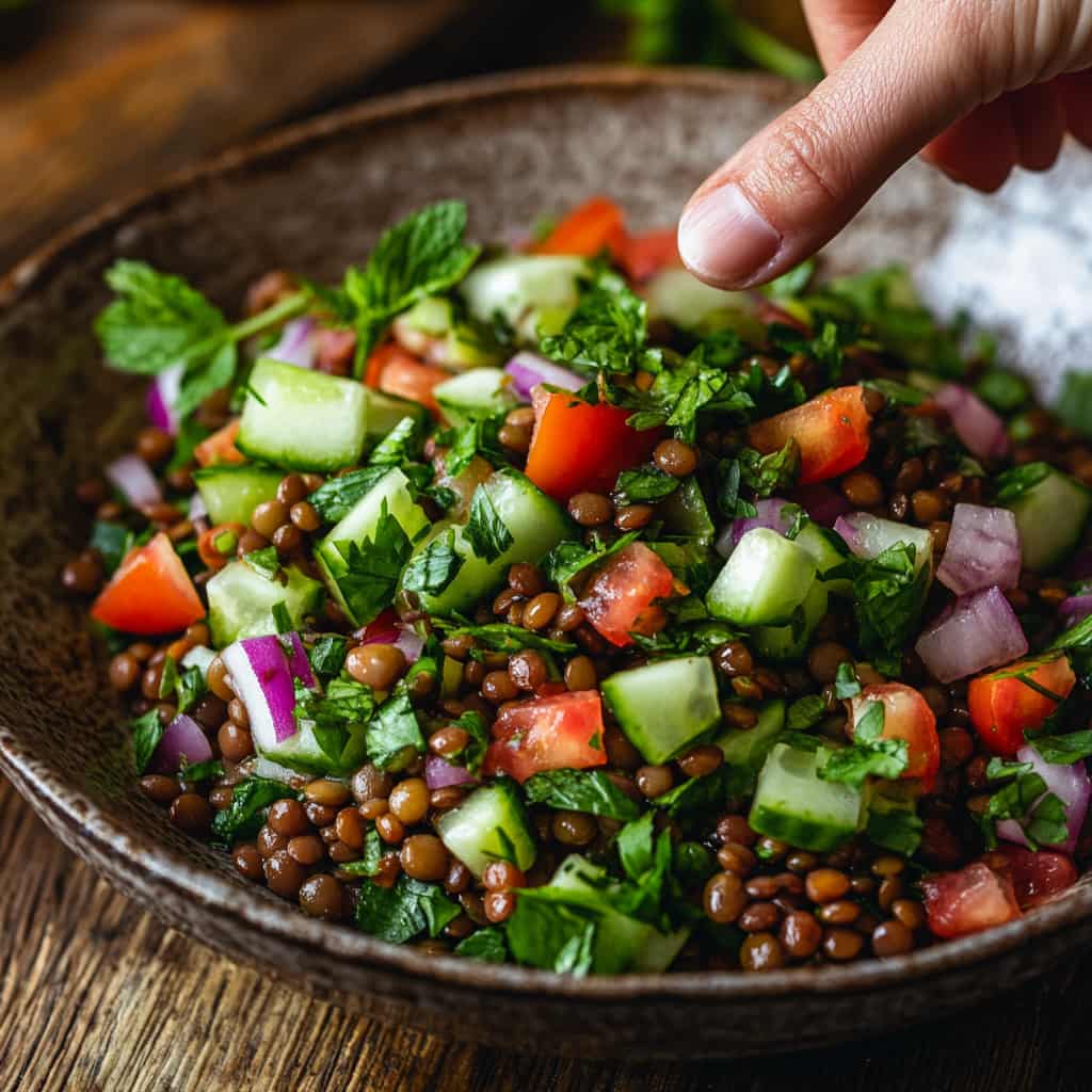 Salade de lentilles libanaise dans un bol en céramique, garnie d’herbes fraîches, tenue par une main sur une table en bois rustique.