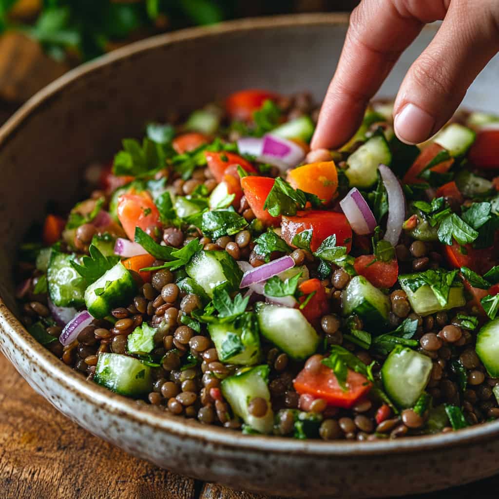 Salade de lentilles libanaise dans un bol en céramique, garnie d’herbes fraîches, tenue par une main sur une table en bois rustique