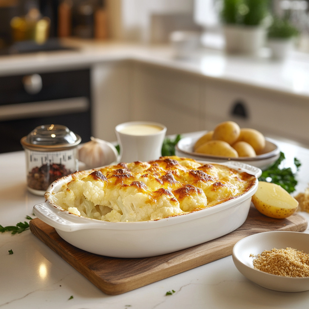 Un délicieux gratin de chou-fleur et pommes de terre servi dans une cuisine moderne, accompagné d'ingrédients frais utilisés dans la recette