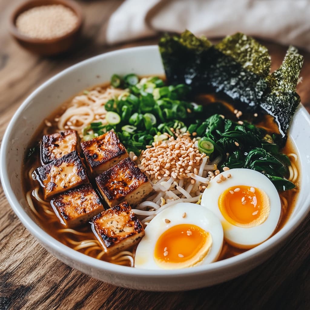 Un bol de ramen végétarien garni de tofu grillé, d'œufs mollets, d'épinards frais, de cébette et de graines de sésame dans un bouillon parfumé.