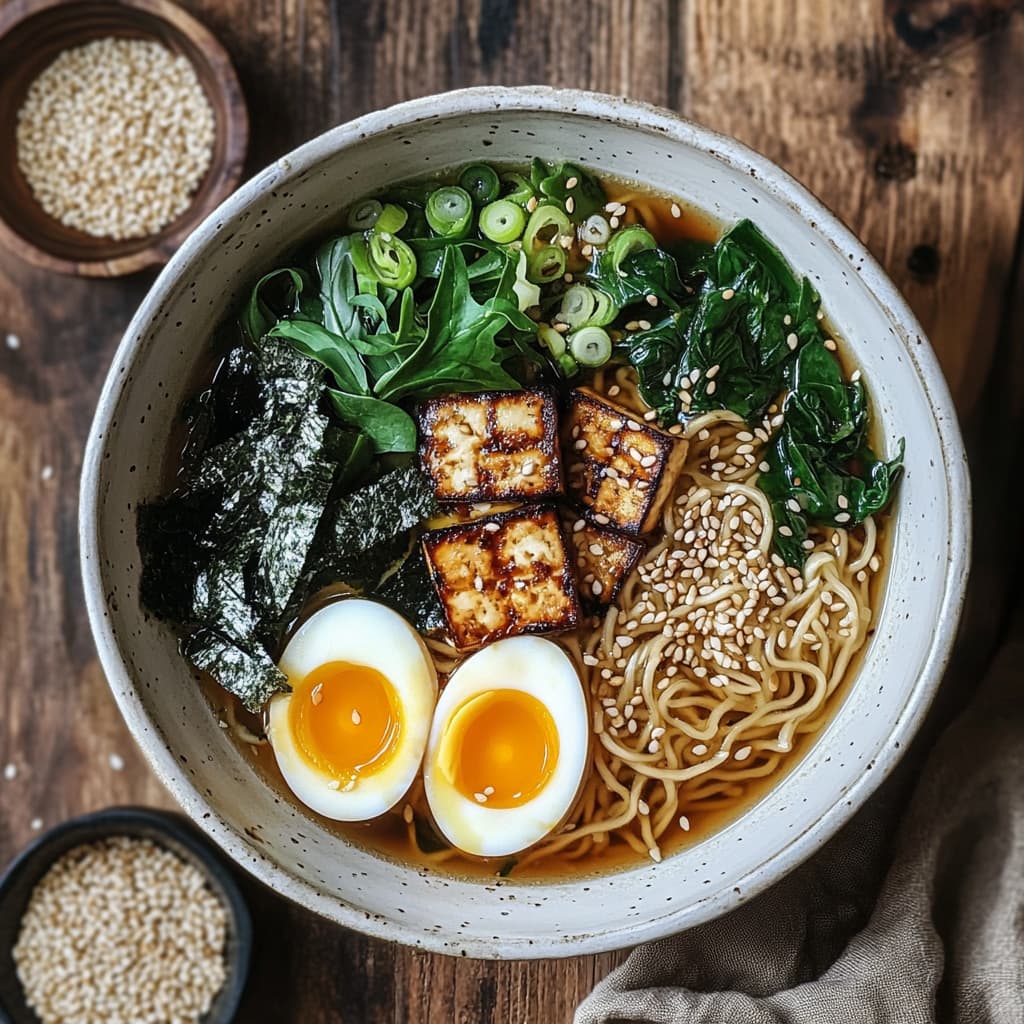 Un bol de ramen fumant avec du tofu mariné, des œufs moelleux, des algues nori, des pousses de soja et des graines de sésame.