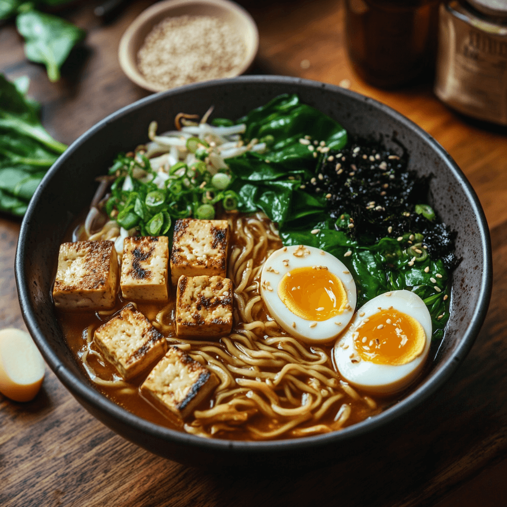 Bol de ramen végétarien aux nouilles de blé complet, servi avec un bouillon doré aux champignons et légumes, garni de tofu grillé, champignons shiitake sautés, épinards frais, oignons verts et un œuf mollet au jaune coulant. Une touche de graines de sésame et un filet de sauce tamari viennent parfaire ce plat savoureux.
