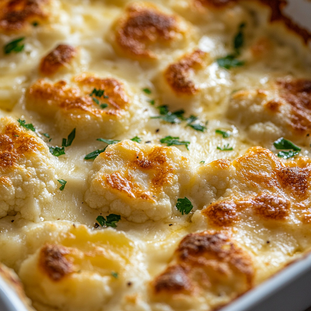 Une vue en gros plan d'un gratin de chou-fleur et pommes de terre doré, mettant en valeur sa croûte croustillante et ses couches crémeuses