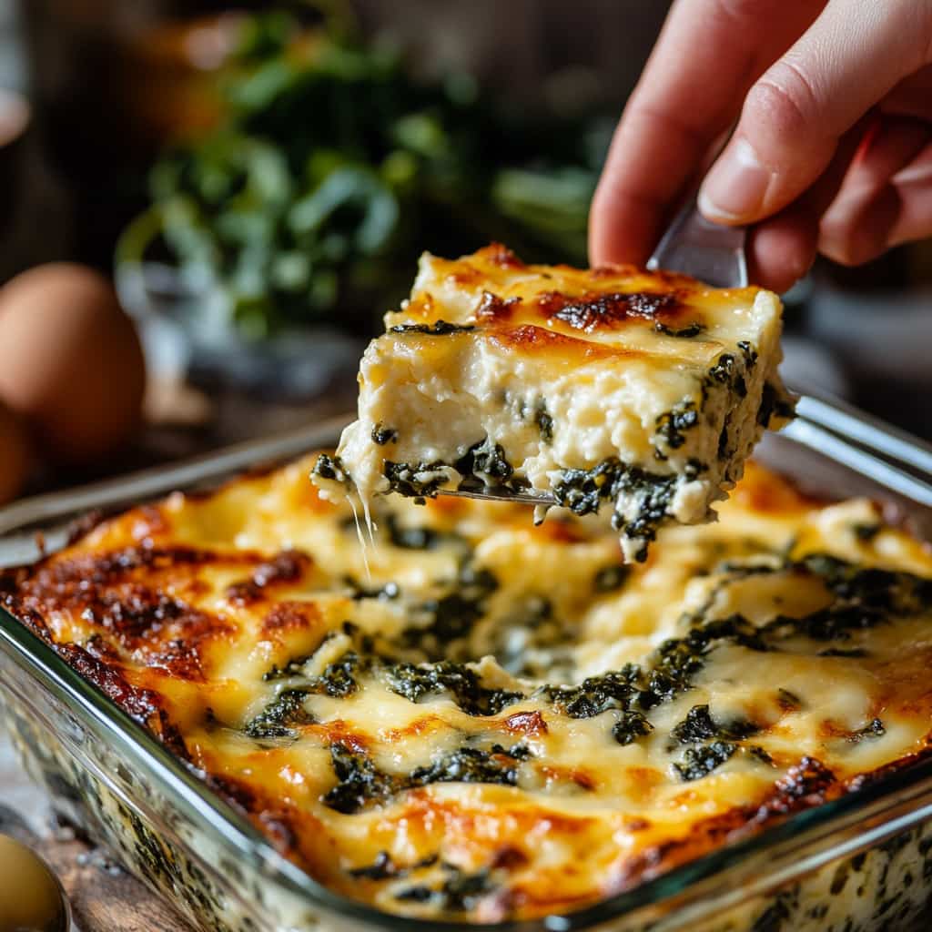 Une main servant une portion de gratin d’œufs aux épinards et fromage cottage, mettant en avant sa texture crémeuse et ses couleurs appétissantes, avec les ingrédients frais en arrière-plan dans une cuisine moderne.