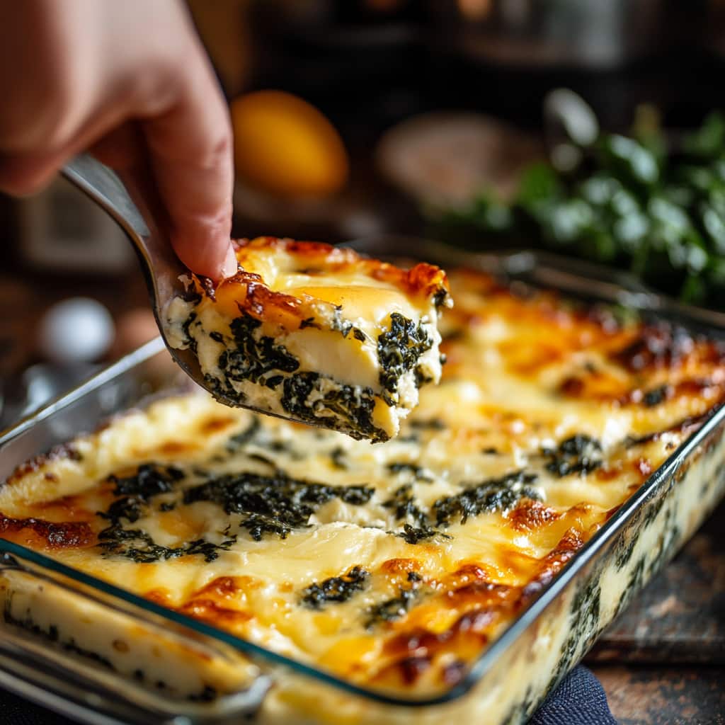 Une main servant une portion de gratin d’œufs aux épinards et fromage cottage, mettant en avant sa texture crémeuse et ses couleurs appétissantes, avec les ingrédients frais en arrière-plan dans une cuisine moderne.