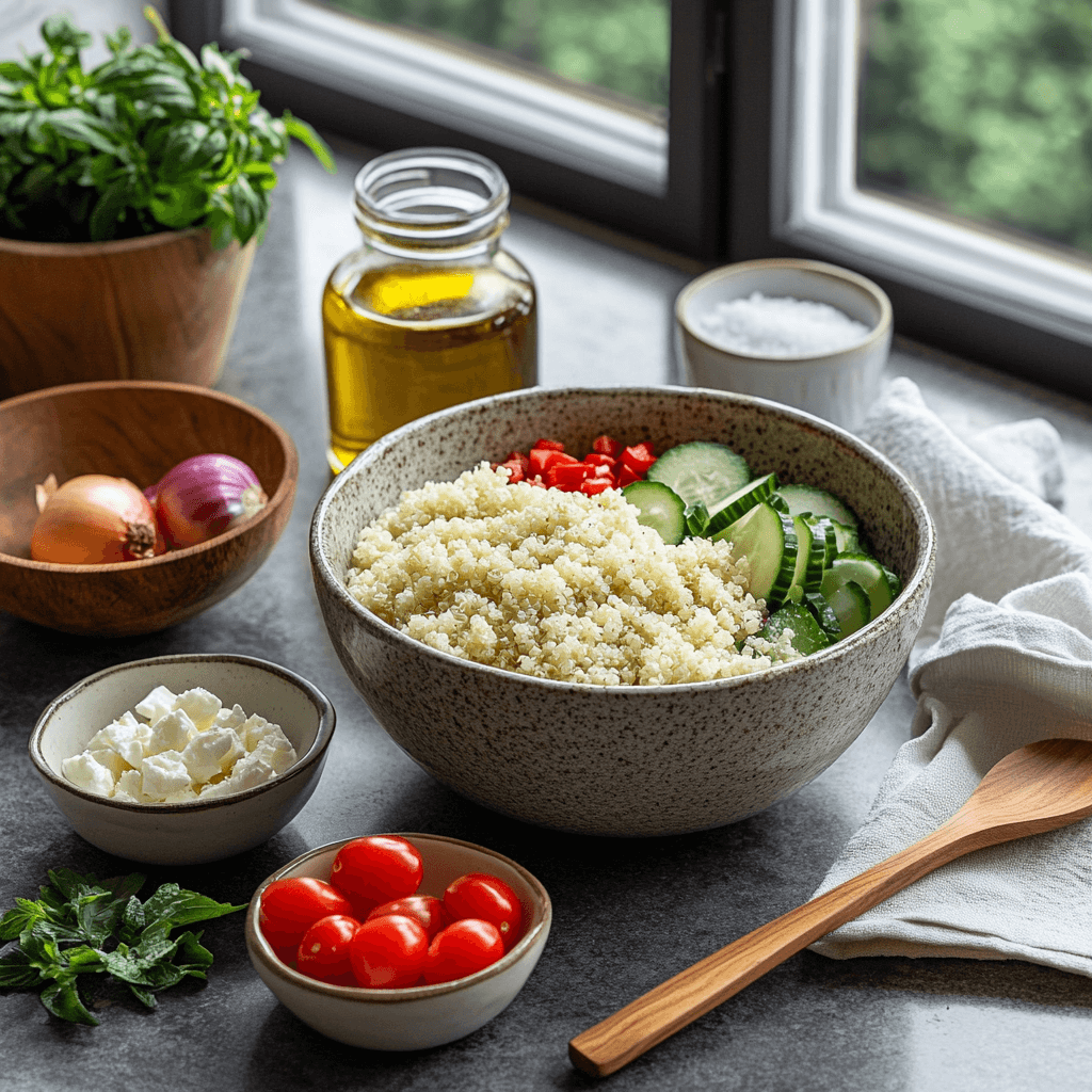 Découvrez les ingrédients frais et colorés de notre salade de quinoa à la feta, prêts à être assemblés pour un plat délicieux et nutritif 