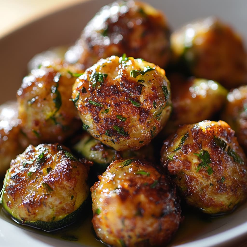 Boulettes de courgettes au four servies sur une assiette en céramique, capturées en gros plan sous une lumière naturelle douce.