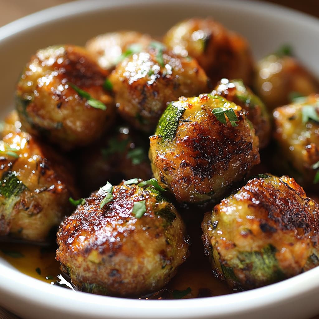 Boulettes de courgettes au four dorées et moelleuses, capturées sous une lumière naturelle chaude.