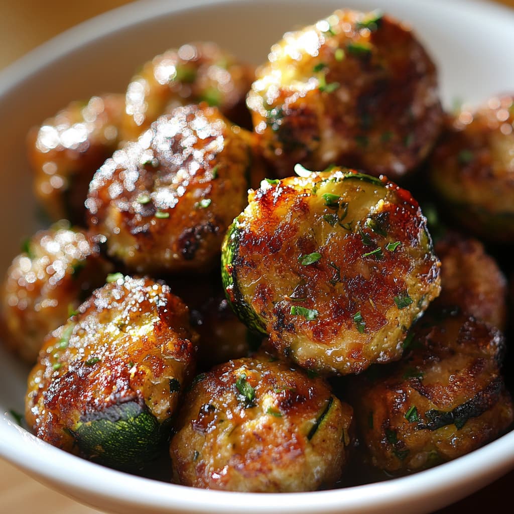 Boulettes de courgettes dorées au four sous un éclairage naturel, en gros plan.