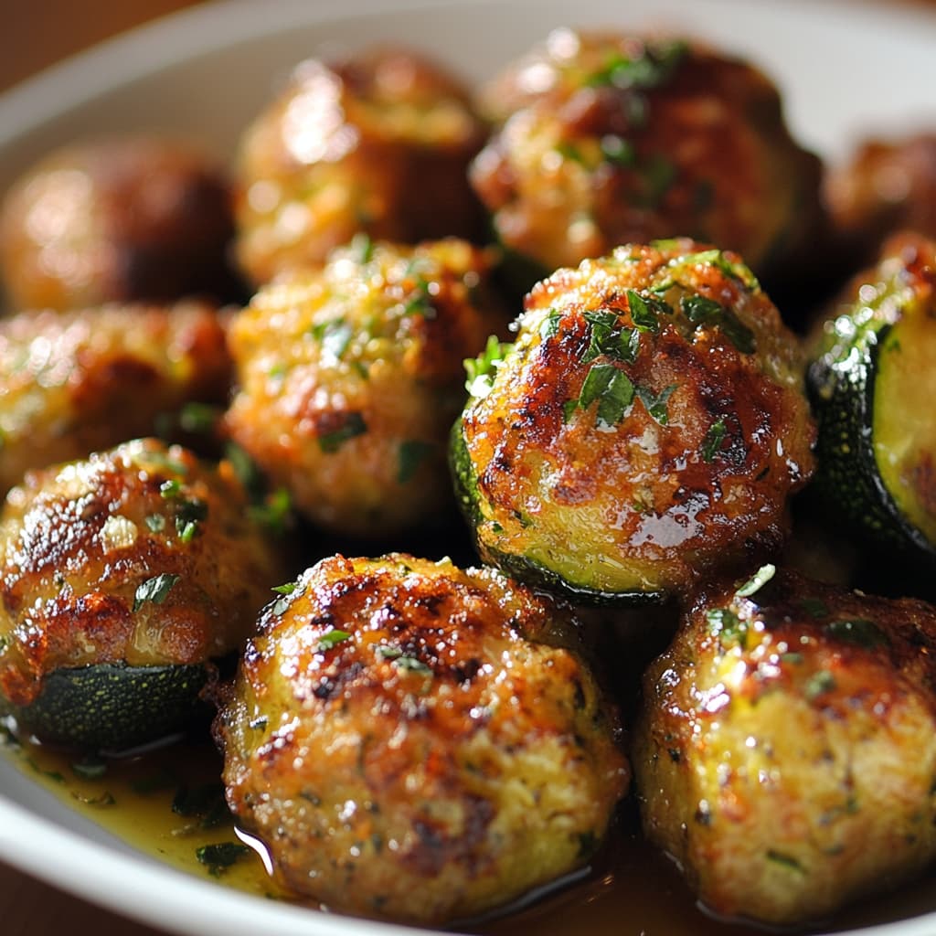 Boulettes de courgettes maison, cuites au four et sublimées par un éclairage naturel.
