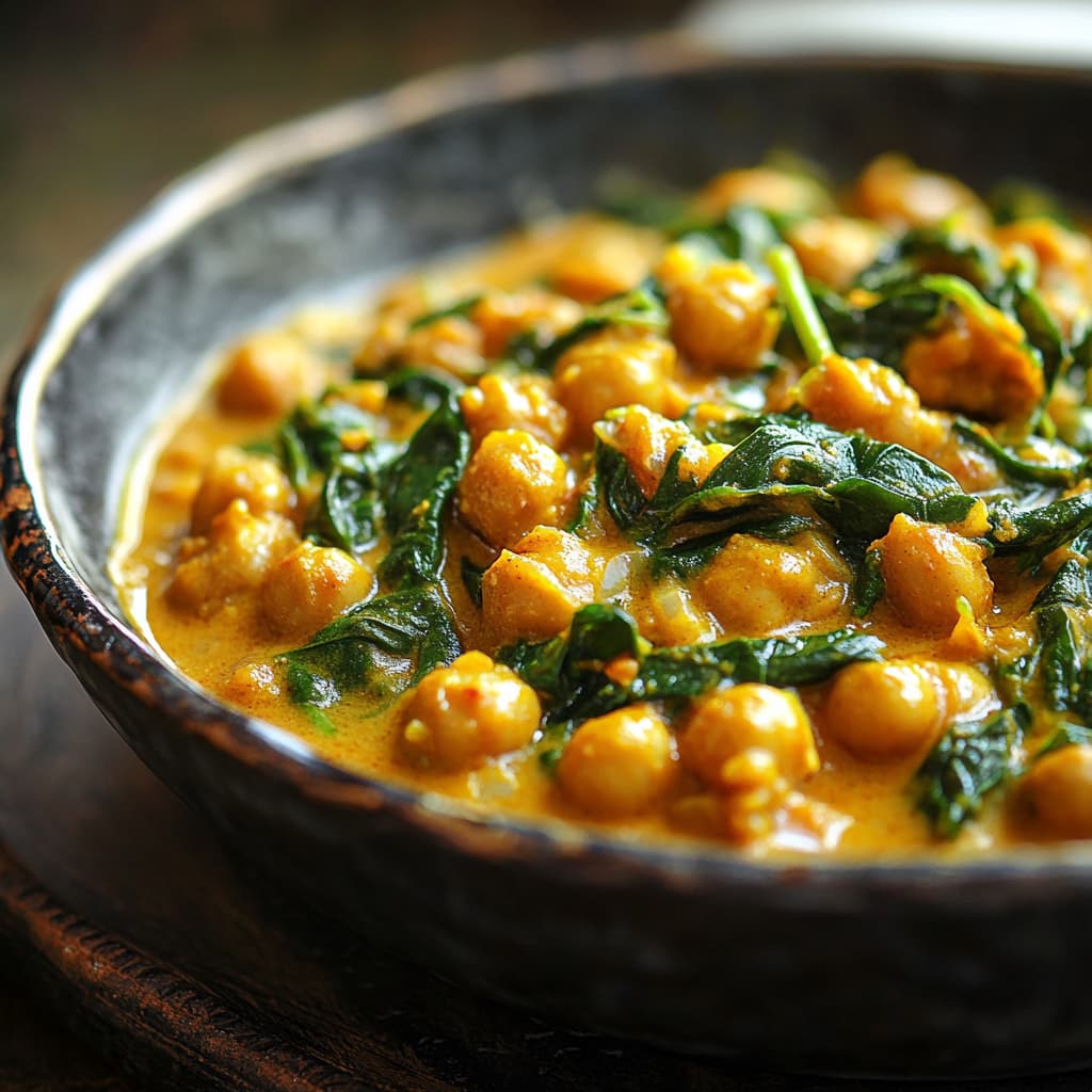Curry de pois chiches et épinards, éclairé par une lumière naturelle douce, présenté en gros plan.