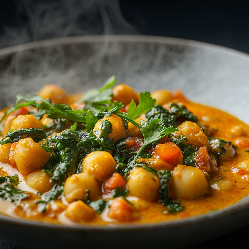 Curry de pois chiches et épinards à la Marmiton avec textures et couleurs authentiques.