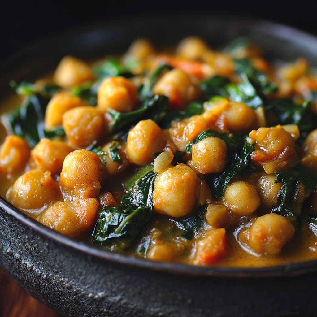 Une prise de vue ultra-réaliste de curry de pois chiches et épinards à la Marmiton, éclairée par une lumière naturelle douce. Le plat présente des textures riches et des couleurs vibrantes, avec une lumière douce imitant celle d'une fenêtre proche, offrant une ambiance chaleureuse et accueillante. L'arrière-plan est supprimé, concentrant l'attention sur le plat délicieux.