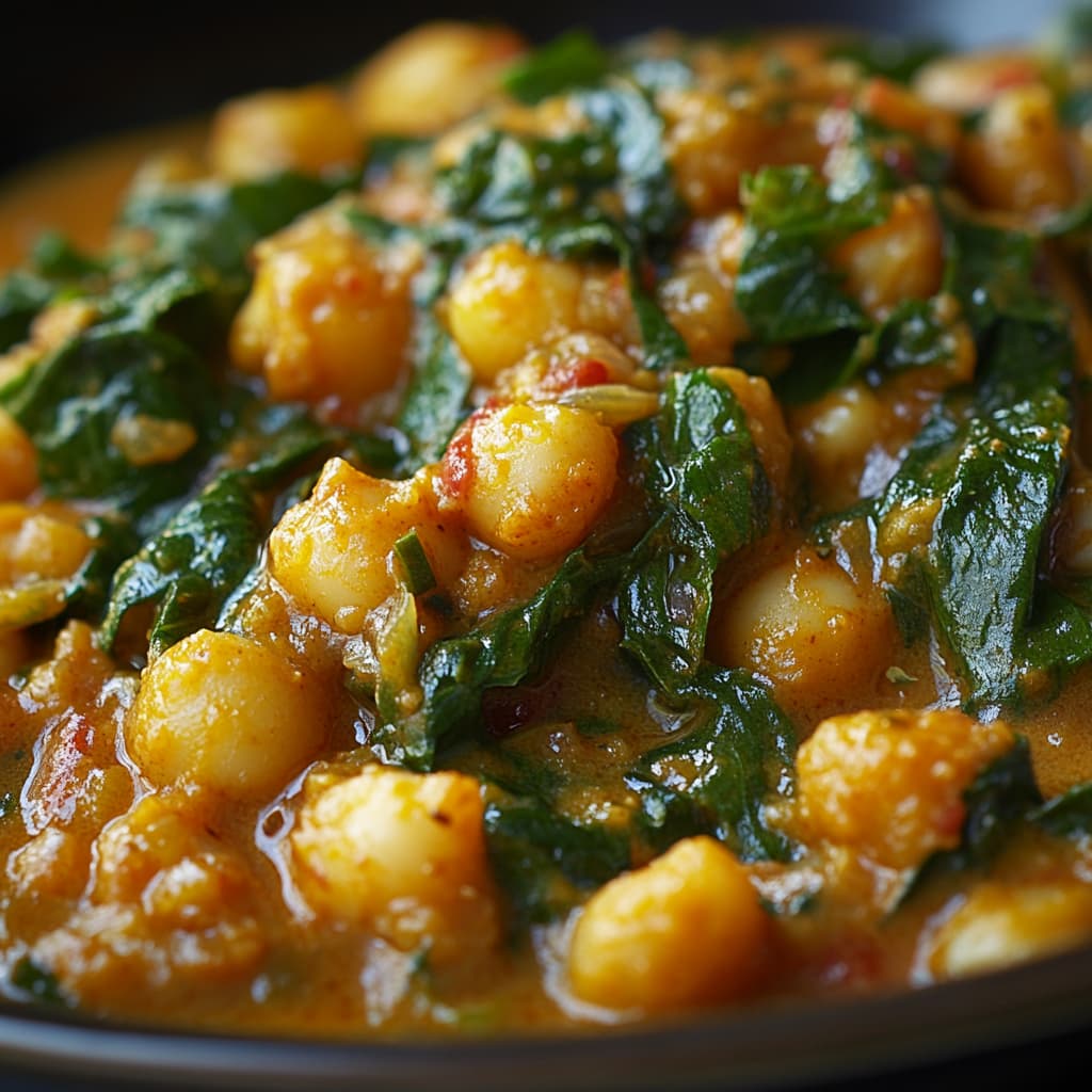 Curry de pois chiches et épinards à la Marmiton, éclairé par une lumière naturelle douce.
