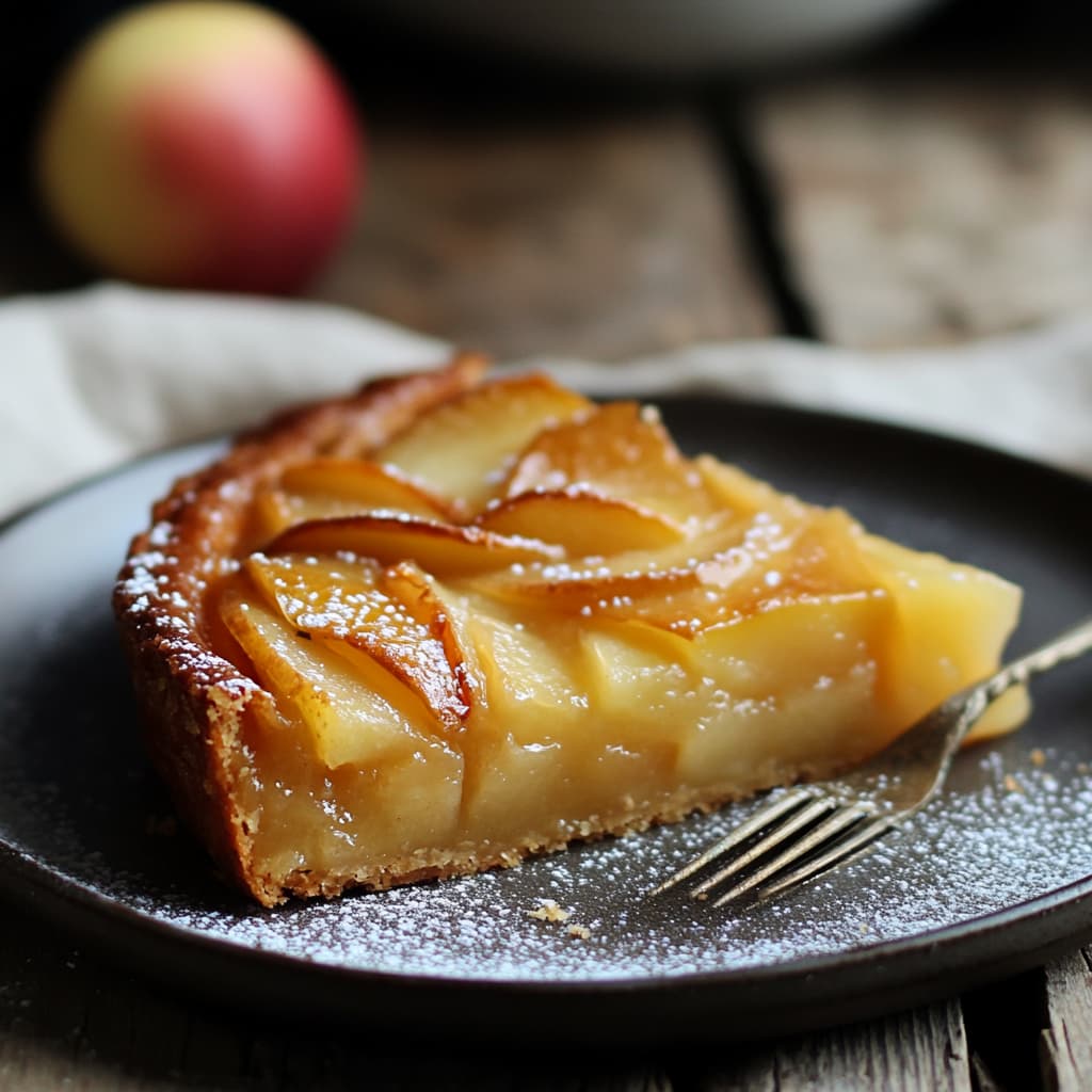 Une part de tarte aux pommes avec une croûte dorée, saupoudrée de sucre glace, servie sur une assiette sombre avec une fourchette