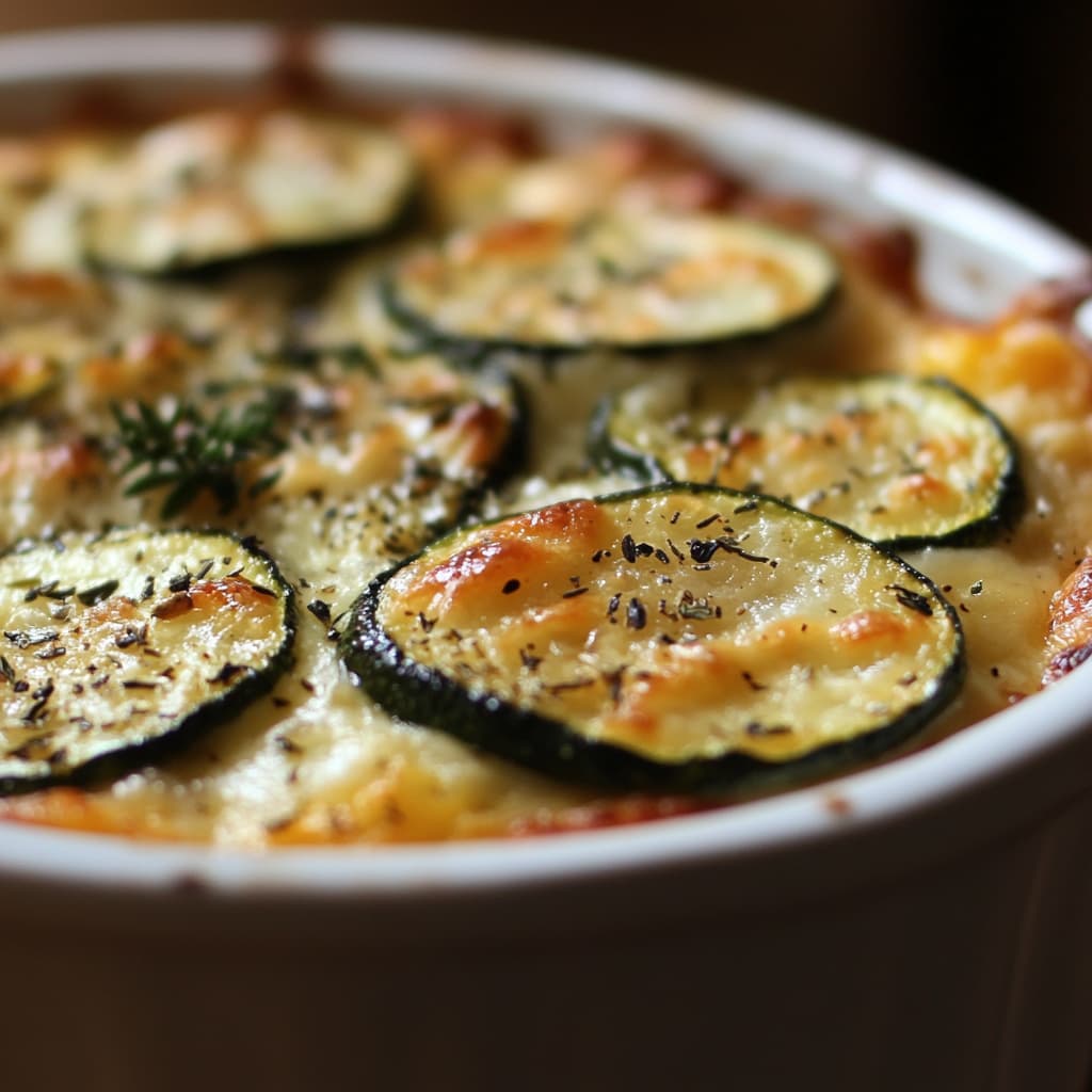Riche et savoureux, ce Gratin de Riz et Courgettes à la Provençale capture l'essence des saveurs méditerranéennes dans un cliché en gros plan parfaitement éclair