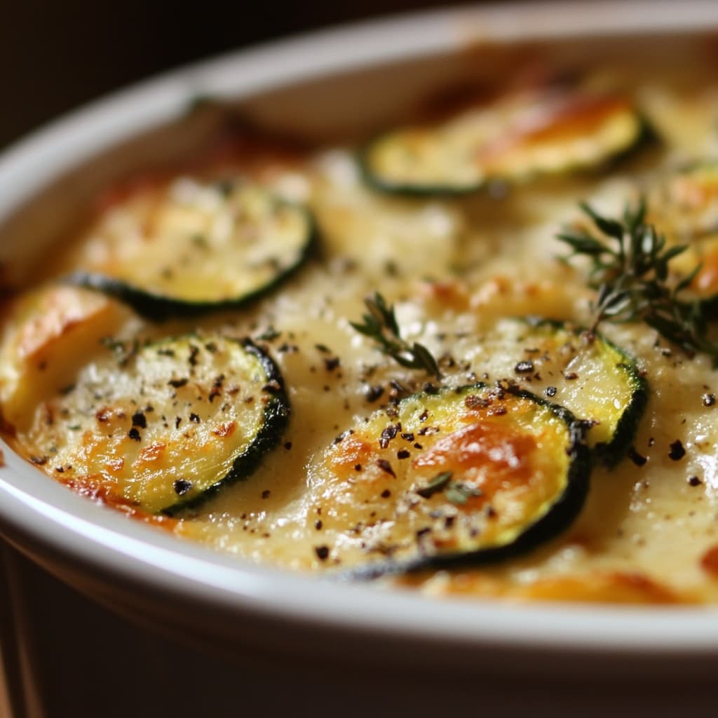 Immergez-vous dans la beauté de ce Gratin de Riz et Courgettes à la Provençale, élégamment capturé sous une lumière naturelle douce.