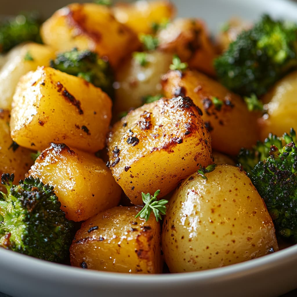 Image en gros plan de pommes de terre et brocoli rôtis, mettant en avant leurs bords croustillants et leurs couleurs vibrantes. La lumière douce du jour illumine le plat, créant une apparence réaliste et accueillante qui souligne la beauté naturelle des légumes.