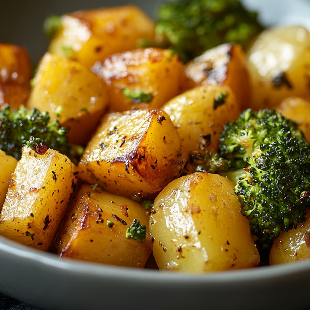 Gros plan réaliste de pommes de terre et brocoli rôtis, magnifiquement éclairés par une lumière naturelle douce. Les textures croustillantes du plat et ses couleurs vibrantes sont mises en avant avec un rendu équilibré et organique, sans améliorations artificielles.
