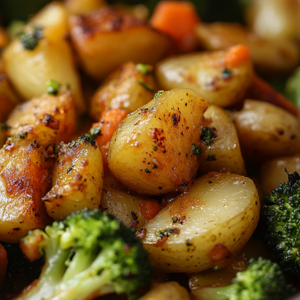 Photo ultra-réaliste de pommes de terre et brocoli rôtis sur une assiette, capturée avec une lumière naturelle qui met en valeur les couleurs authentiques du plat. Les verts vibrants du brocoli et les pommes de terre dorées sont délicatement éclairés, créant une sensation organique et authentique.