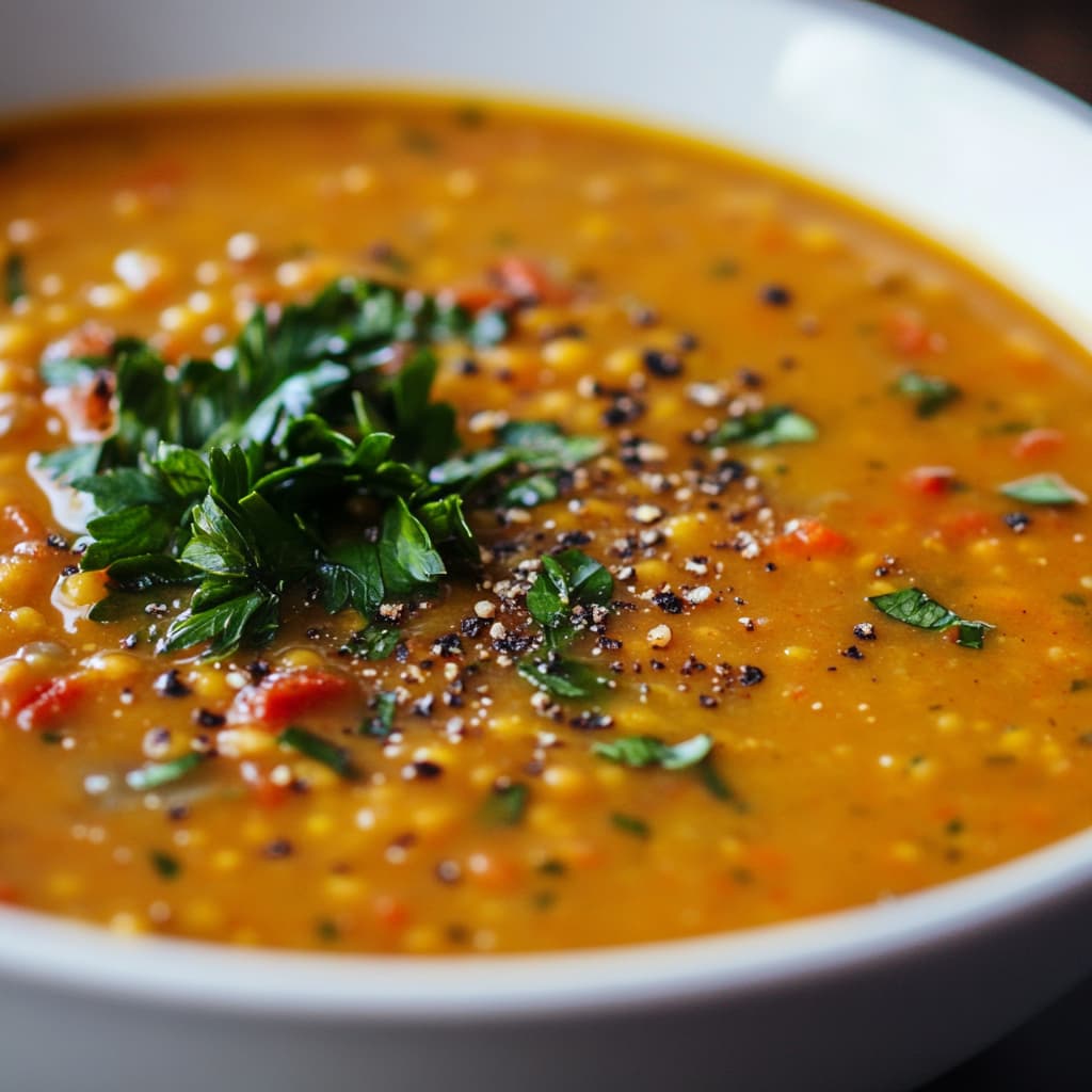 Soupe de lentilles dans une lumière naturelle douce, avec un style de photographie culinaire authentique et des textures riches.