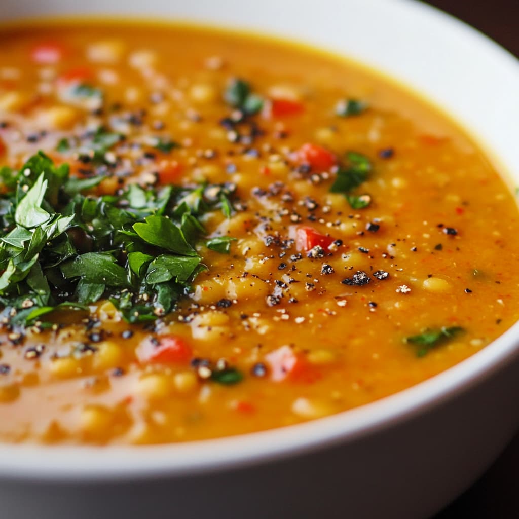 Vue rapprochée de la Soupe de Lentilles Corail avec une lumière naturelle qui fait ressortir sa texture crémeuse et sa couleur vibrante.