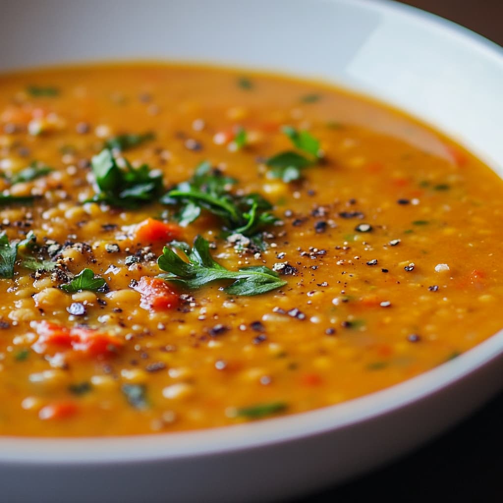 Gros plan de Soupe de Lentilles Corail éclairée par une lumière naturelle douce avec des textures réalistes et des couleurs fidèles à la réalité.