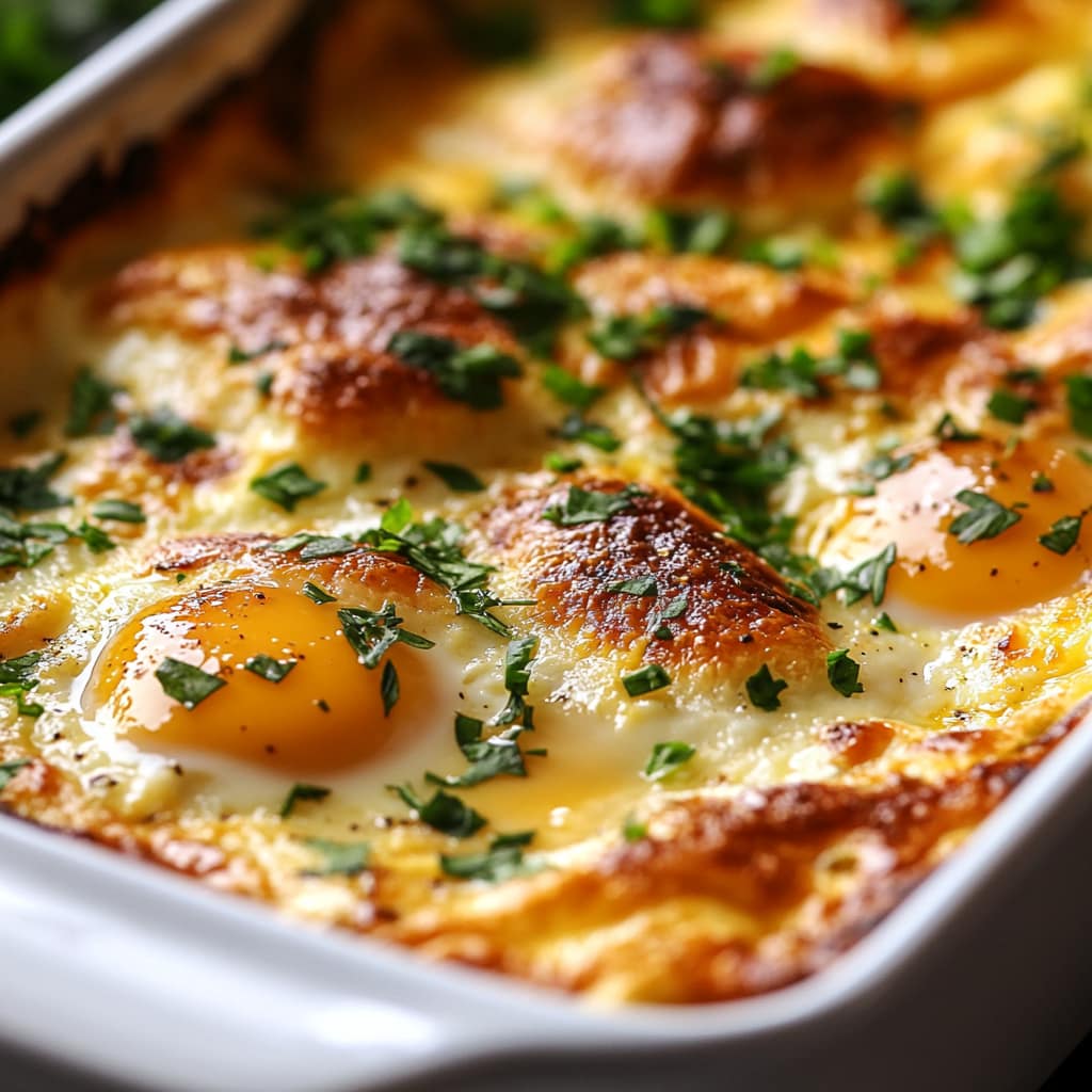 Gratin d'œufs au fromage avec du persil frais.