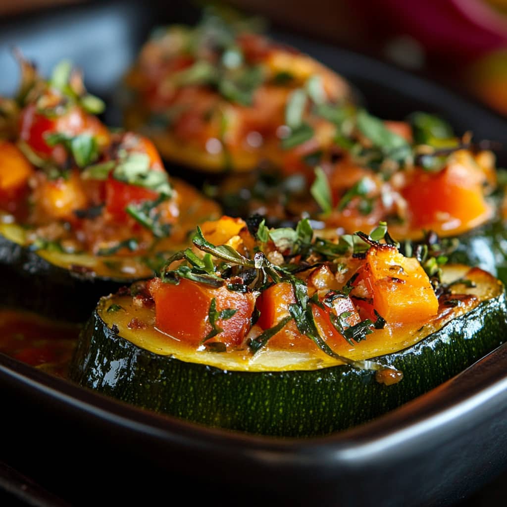 Courge farcie végétarienne, magnifiquement dressée avec des textures équilibrées, capturée sous une lumière naturelle douce