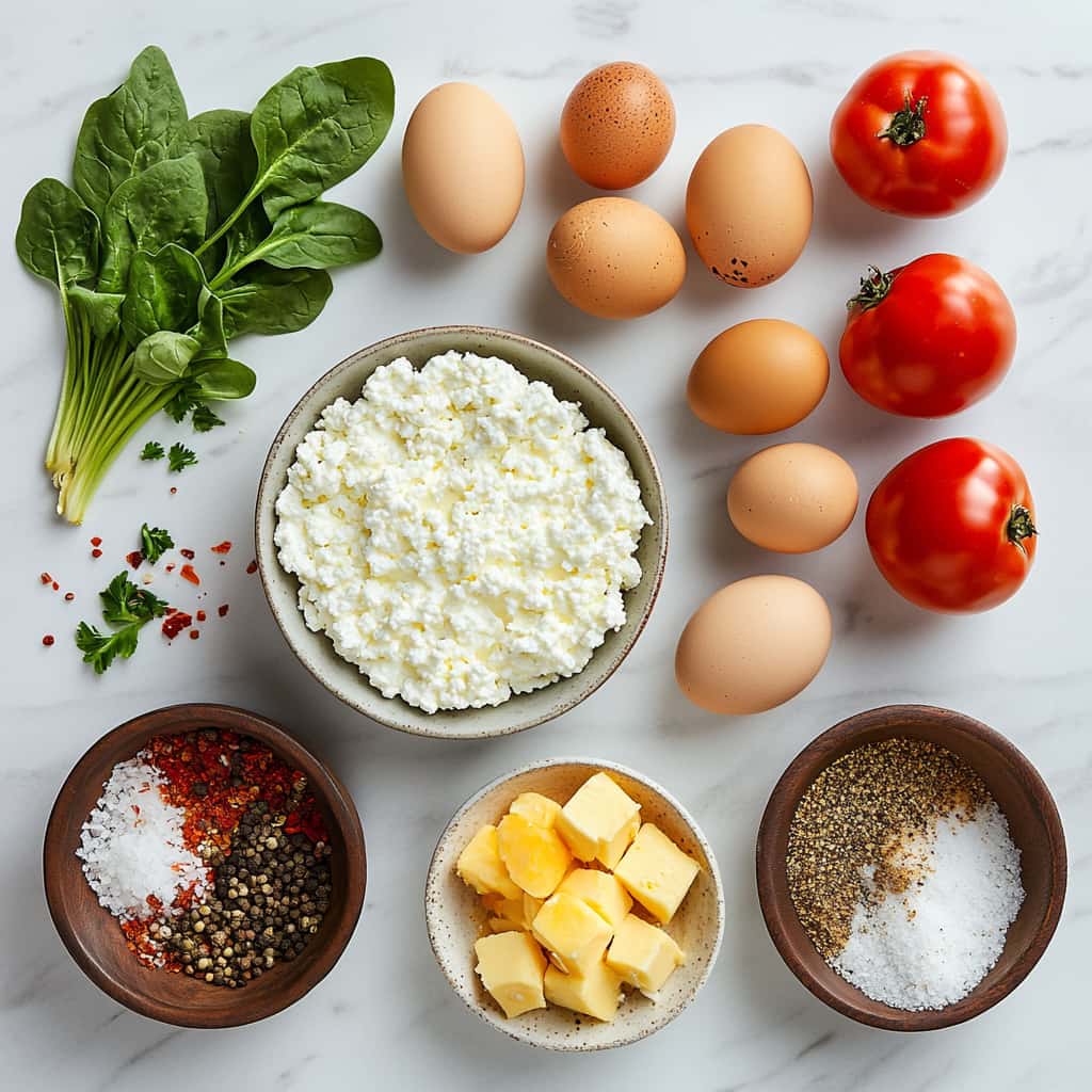  Ingrédients pour des œufs brouillés avec épinards, tomates et fromage cottage.