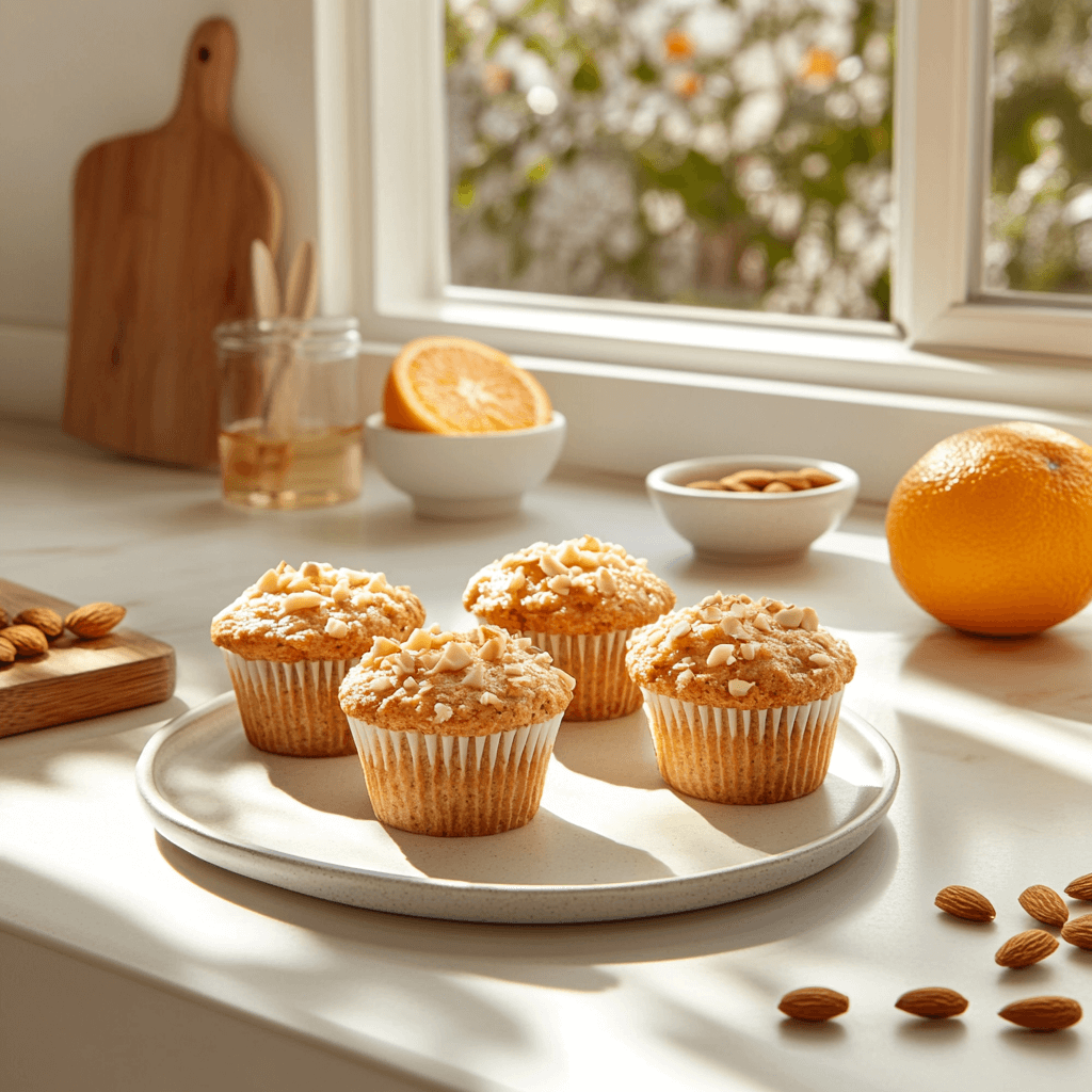 Assiette de muffins fraîchement cuits parfumés aux amandes et à la fleur d'oranger, garnis d'amandes effilées sur une table en bois rustique