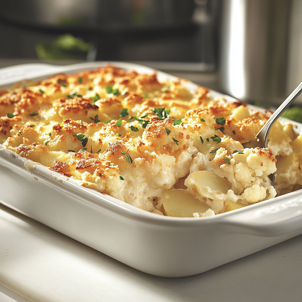 Une vue de côté d'un délicieux gratin de chou-fleur et pommes de terre, mettant en valeur son intérieur crémeux et son dessus croustillant