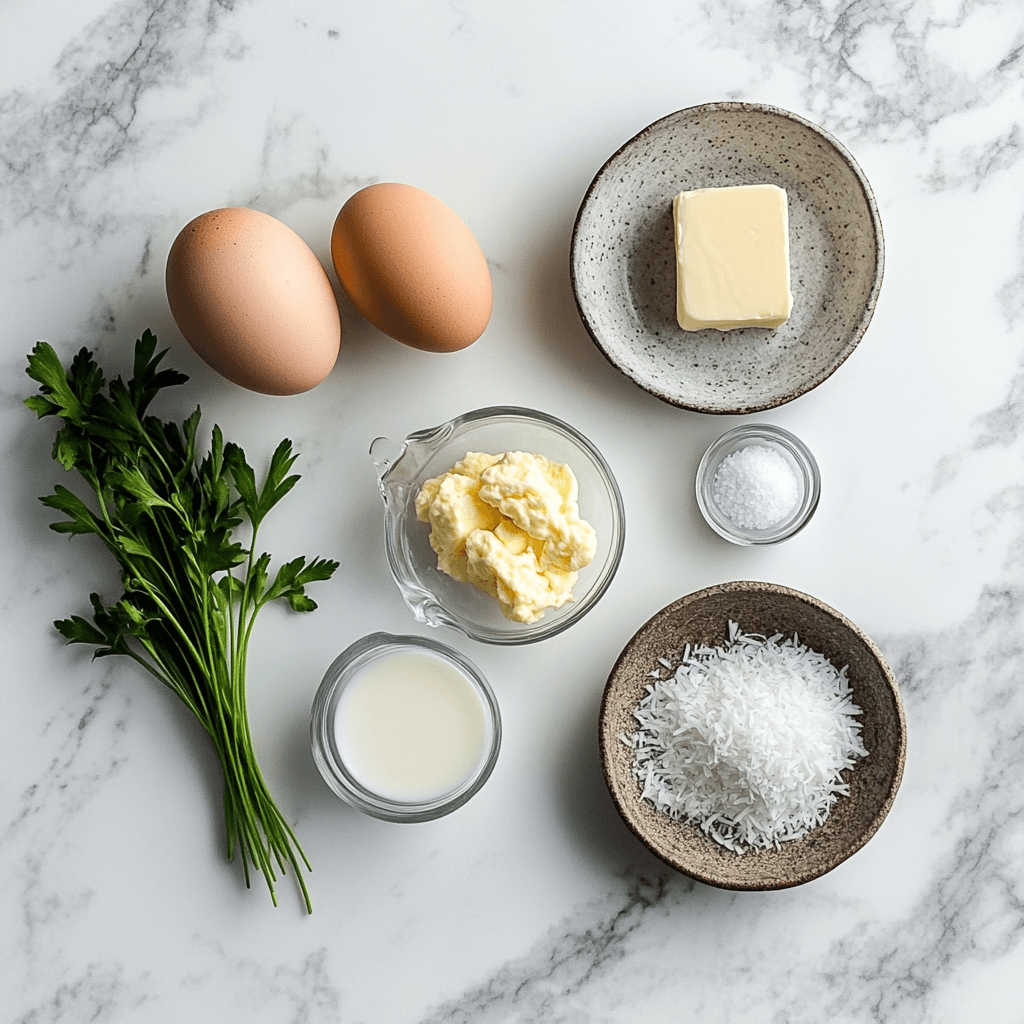 Une présentation moderne des ingrédients pour des œufs brouillés crémeux, comprenant des œufs frais, un bol en verre de lait, de la noix de coco râpée, un morceau de beurre, du sel et des herbes fraîches sur une surface en marbre blanc.