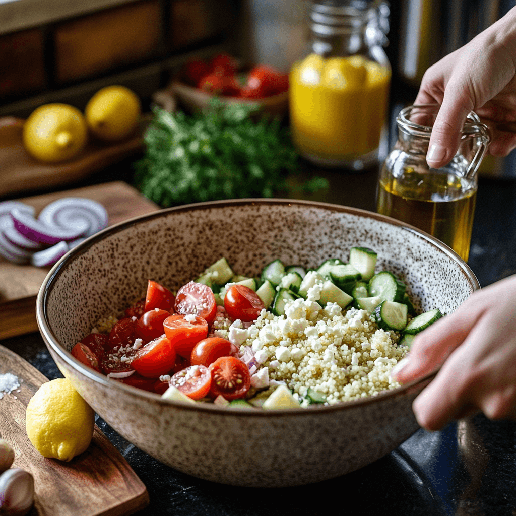 Plongez dans le processus de création de notre salade de quinoa à la feta, où fraîcheur et saveurs se mélangent harmonieusement !