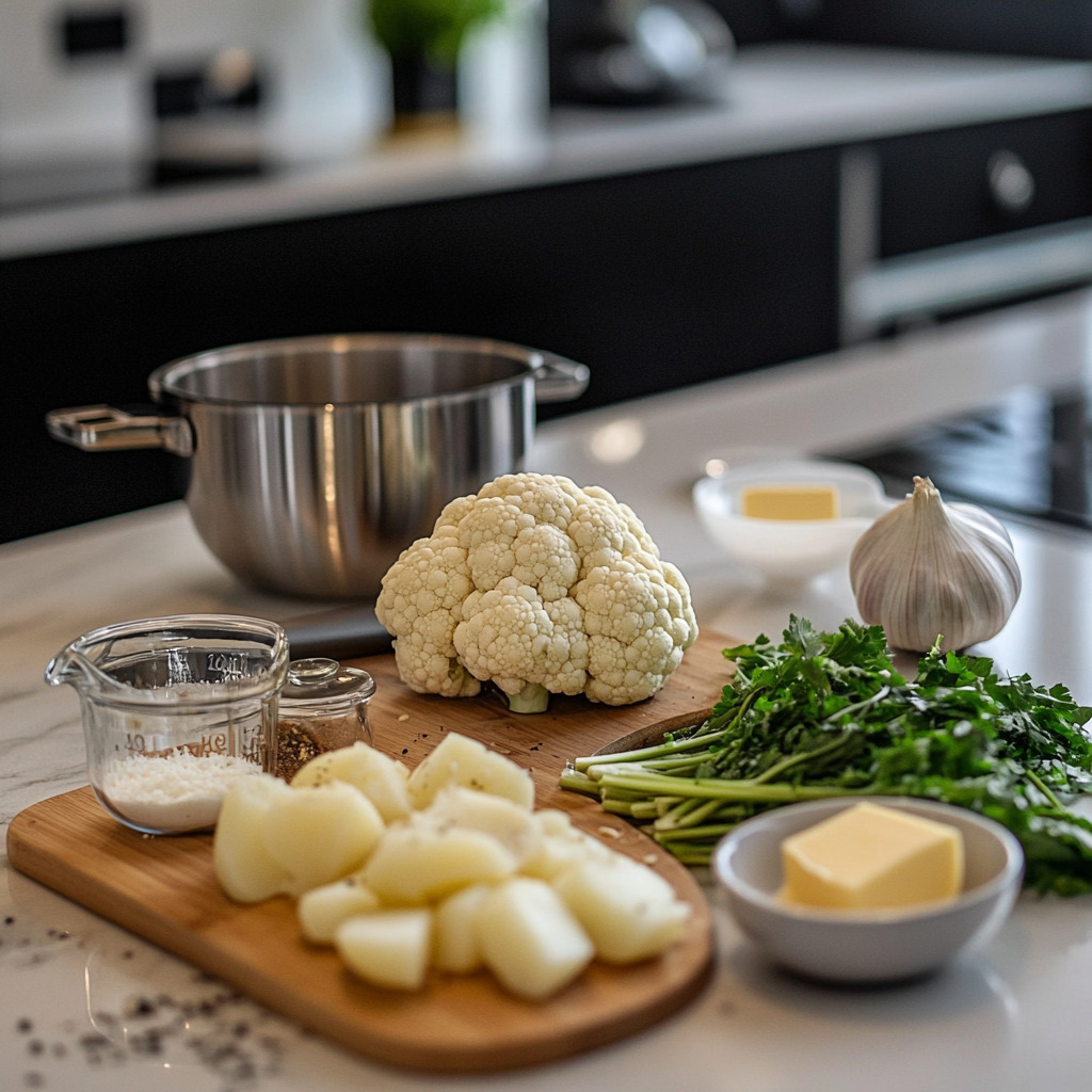 Cette photo présente tous les ingrédients nécessaires pour réaliser un gratin de chou-fleur et pommes de terre, soigneusement disposés sur un plan de travail moderne. Chaque élément, des fleurettes de chou-fleur aux rondelles de pommes de terre, en passant par les produits laitiers et les épices, est mis en valeur, créant une composition colorée et attrayante. L'éclairage doux accentue la fraîcheur des ingrédients, invitant à se lancer dans la préparation de ce plat réconfortant