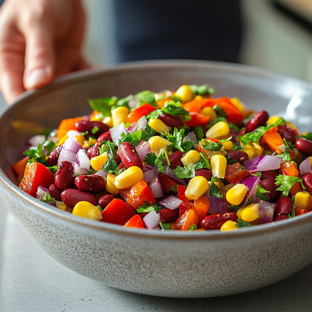 Salade végétarienne dans un bol en céramique avec une main à côté, comprenant des haricots rouges, des poivrons, du maïs, de l’oignon et de la coriandre, dans une cuisine moderne