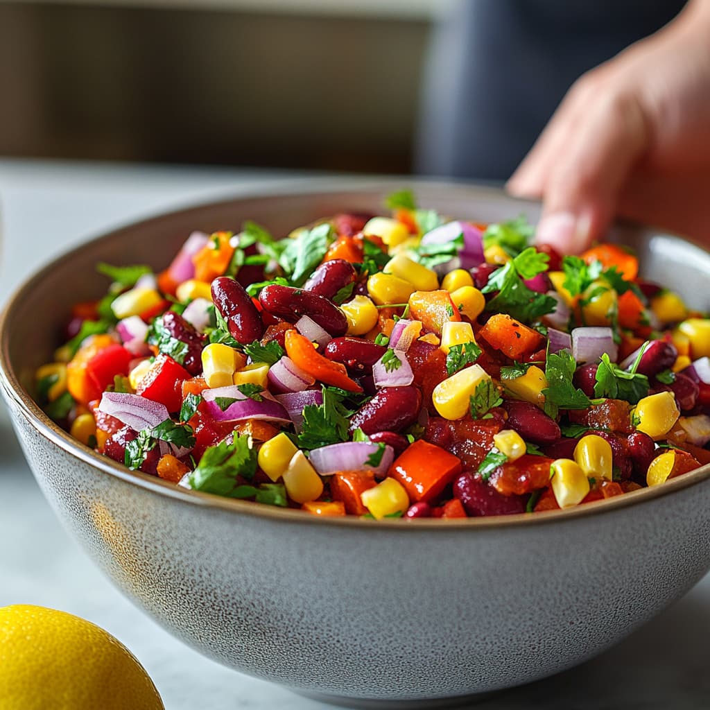 Salade végétarienne dans un bol en céramique avec une main à côté, comprenant des haricots rouges, des poivrons, du maïs, de l’oignon et de la coriandre, dans une cuisine moderne