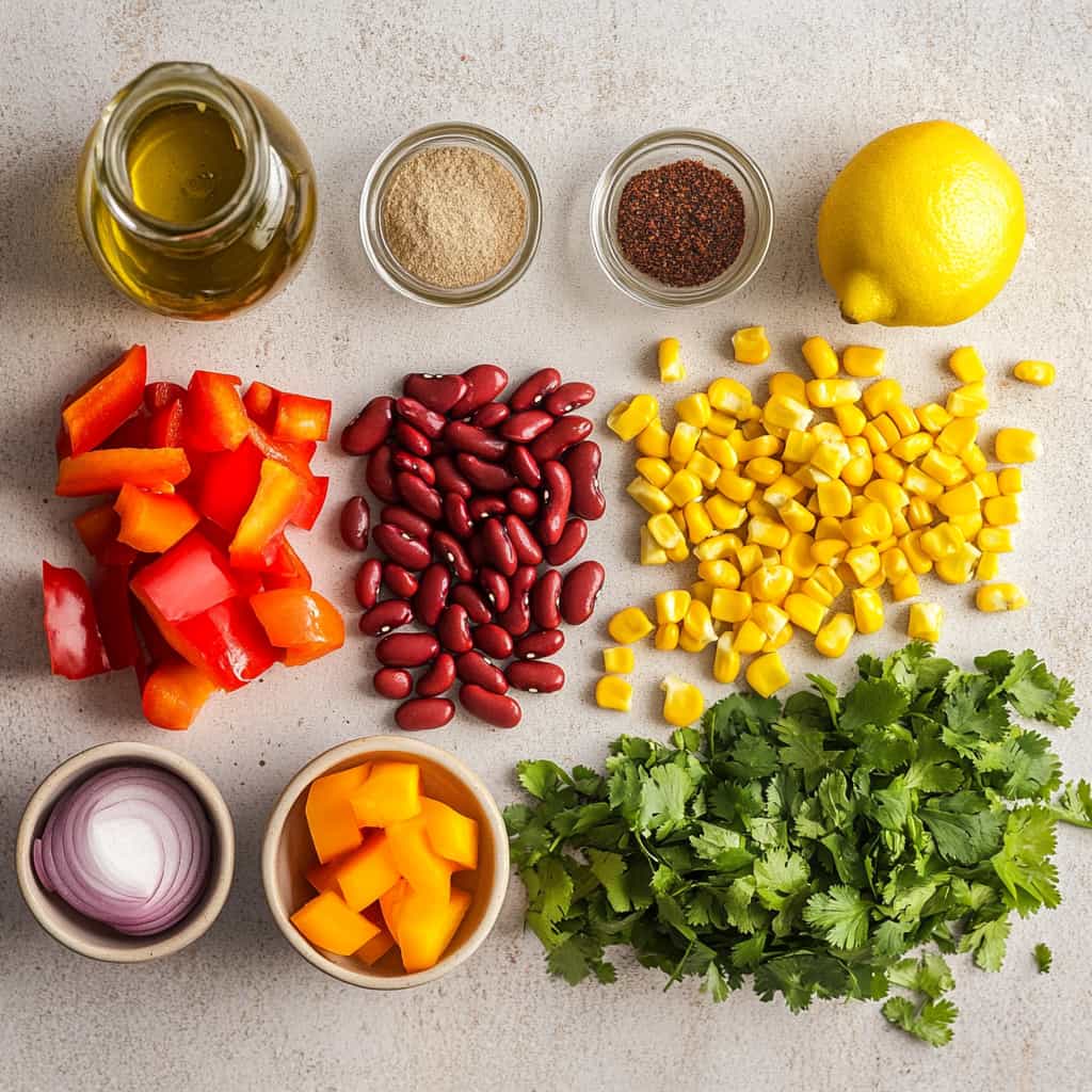 Tous les ingrédients pour une salade végétarienne à côté de la salade terminée dans un bol en céramique, sur un comptoir de cuisine moderne