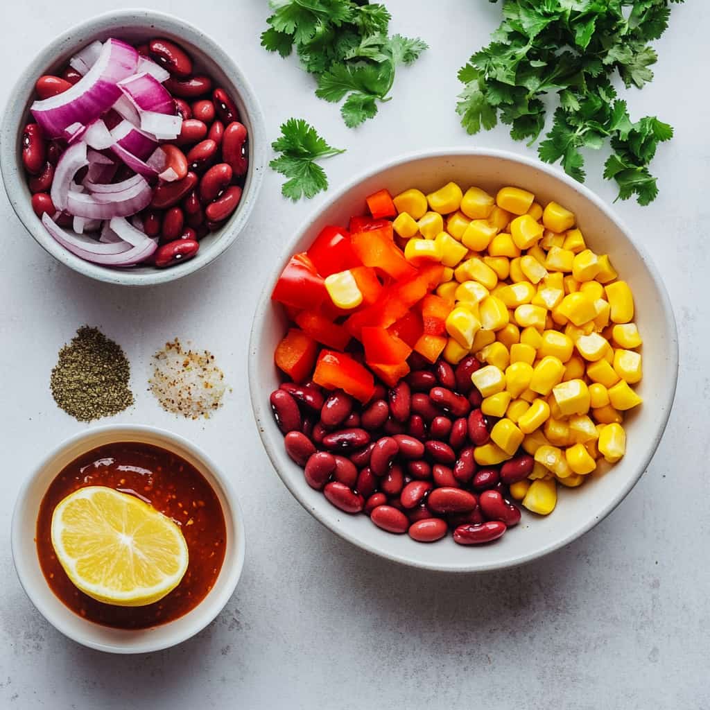Tous les ingrédients pour une salade végétarienne à côté de la salade terminée dans un bol en céramique, sur un comptoir de cuisine moderne.