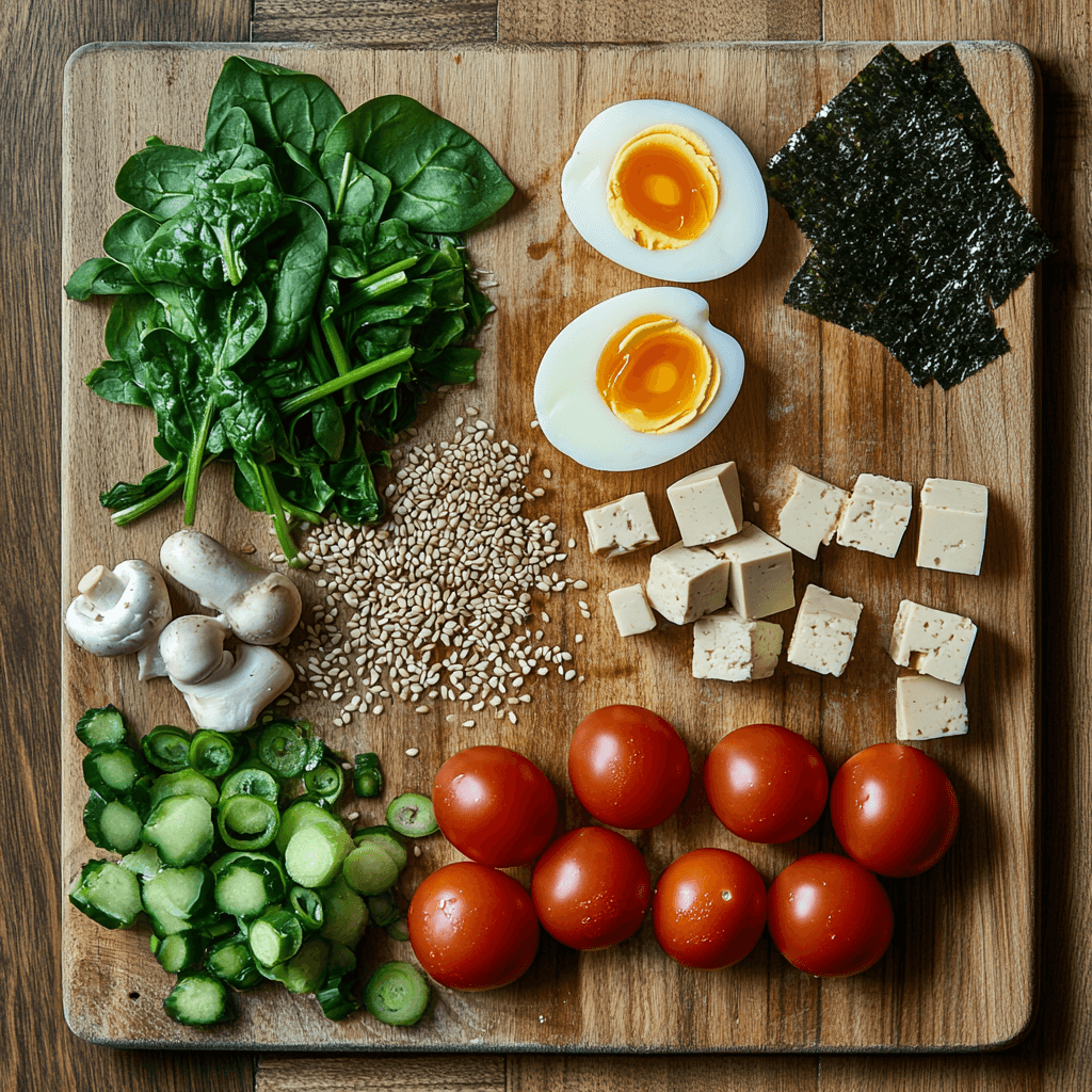 Planche en bois garnie d’ingrédients frais pour un ramen végétarien : épinards, champignons, concombres, tomates cerises, tofu en dés, graines de sésame, algues nori et œufs mollets. Une composition colorée et équilibrée, parfaite pour une cuisine saine et gourmande.