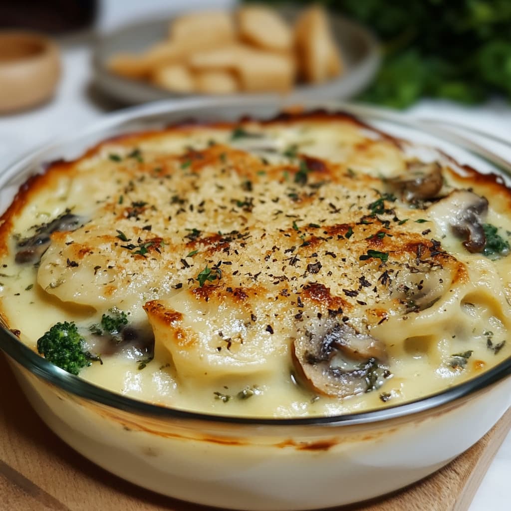 Gratin de ravioles aux épinards et champignons avec une croûte dorée de fromage