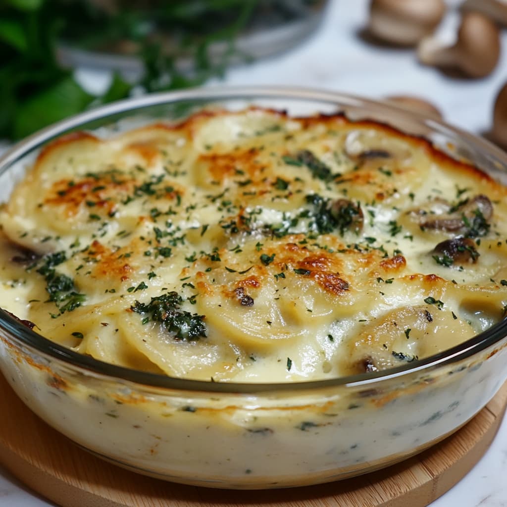 Gratin de pâtes végétarien avec brocoli, champignons et sauce crémeuse