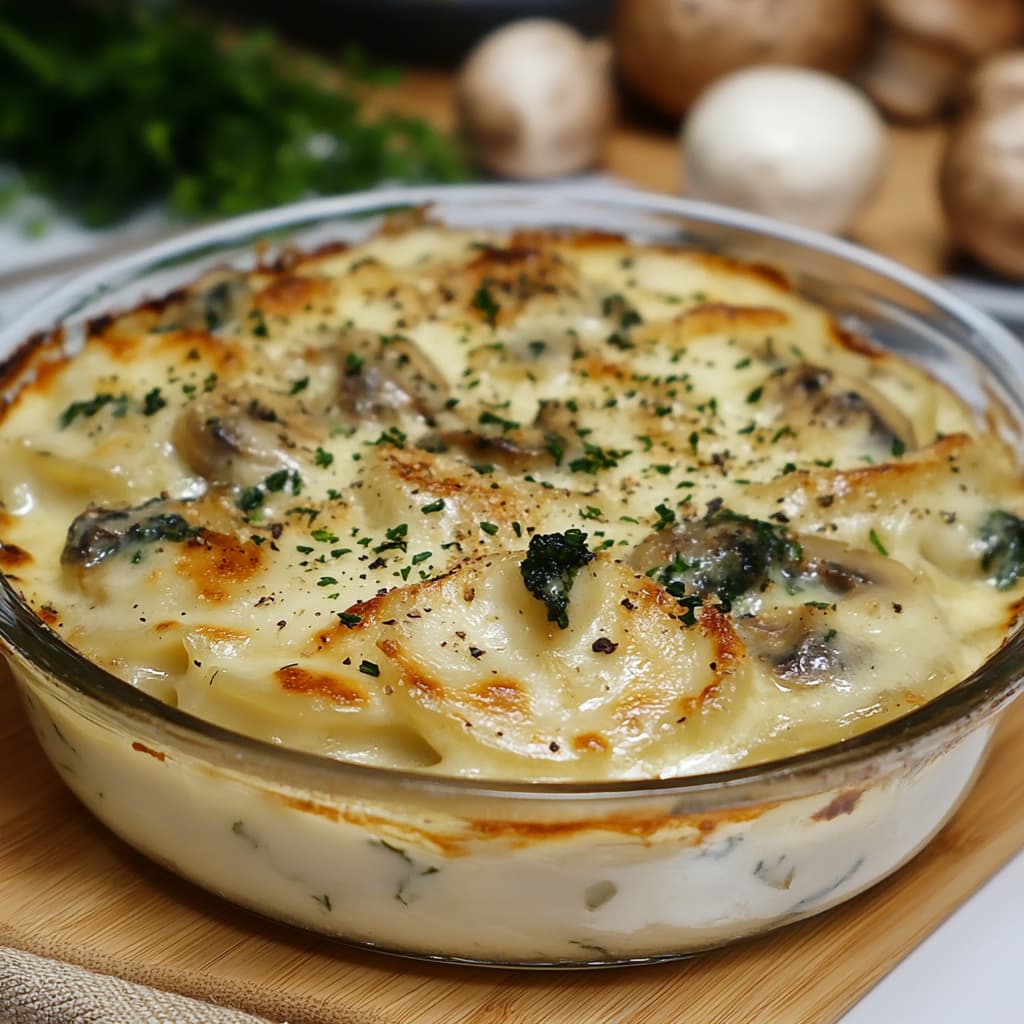 Gratin de ravioles aux épinards, champignons et garniture d'herbes croustillantes