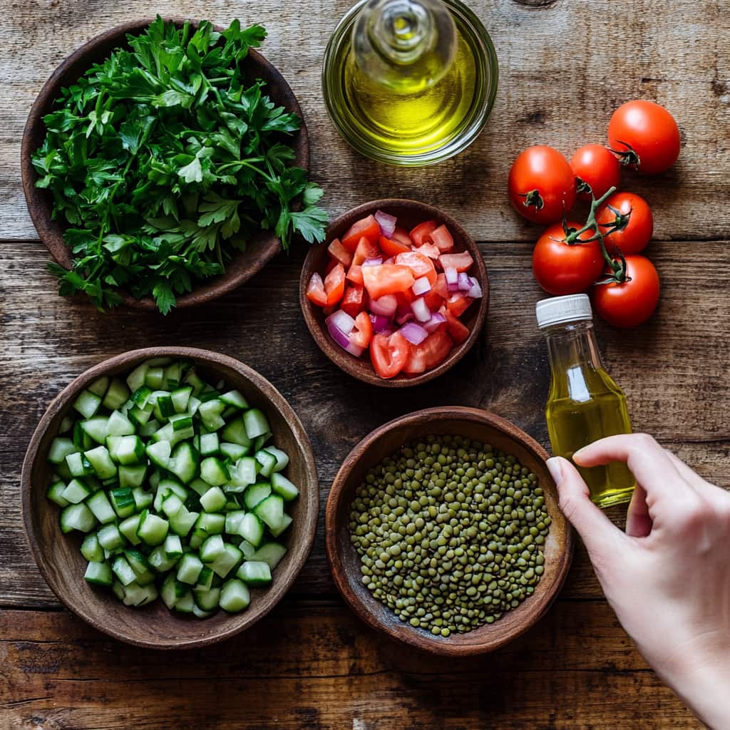 Ingrédients frais pour une salade de lentilles libanaise, avec une main tenant une tomate mûre sur une table en bois rustique