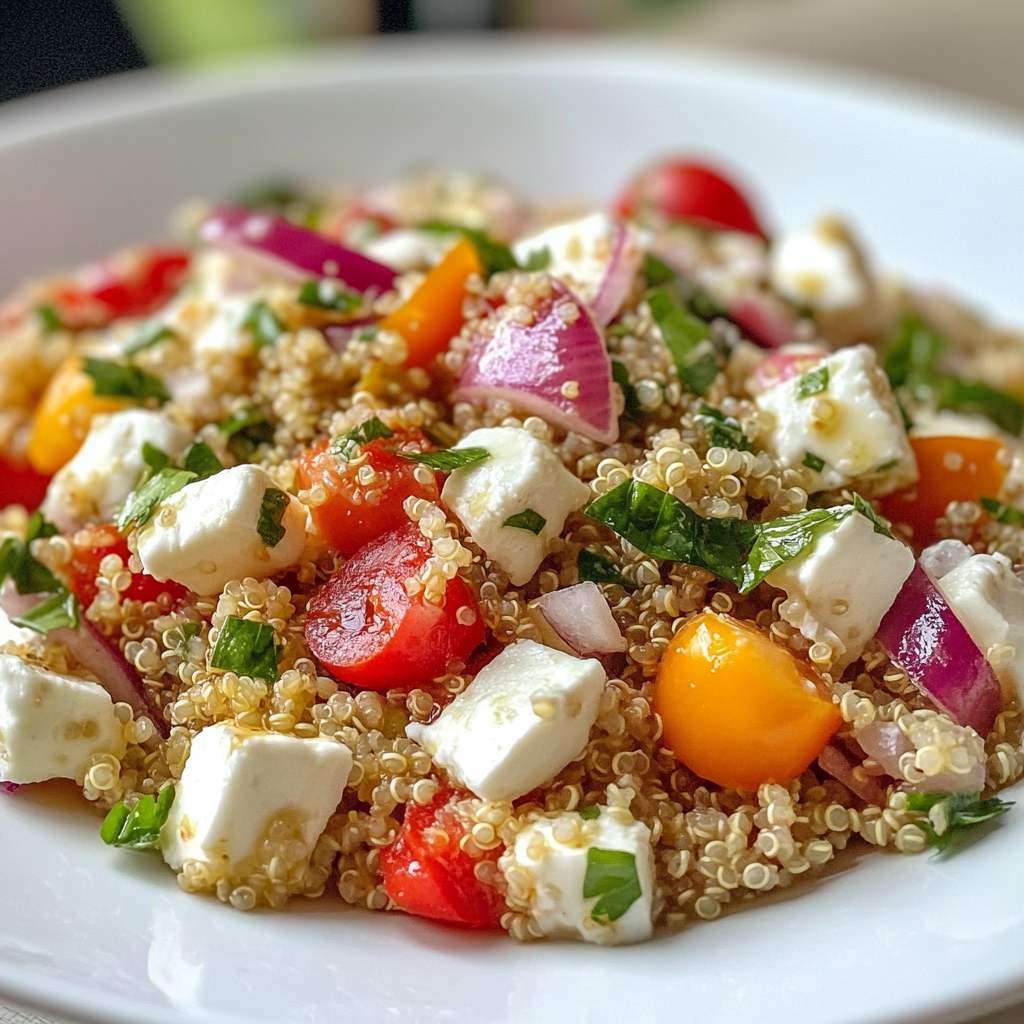 Salade de quinoa à la feta avec des tomates cerises, du concombre, des oignons rouges et des herbes fraîches, servie dans un plat blanc.