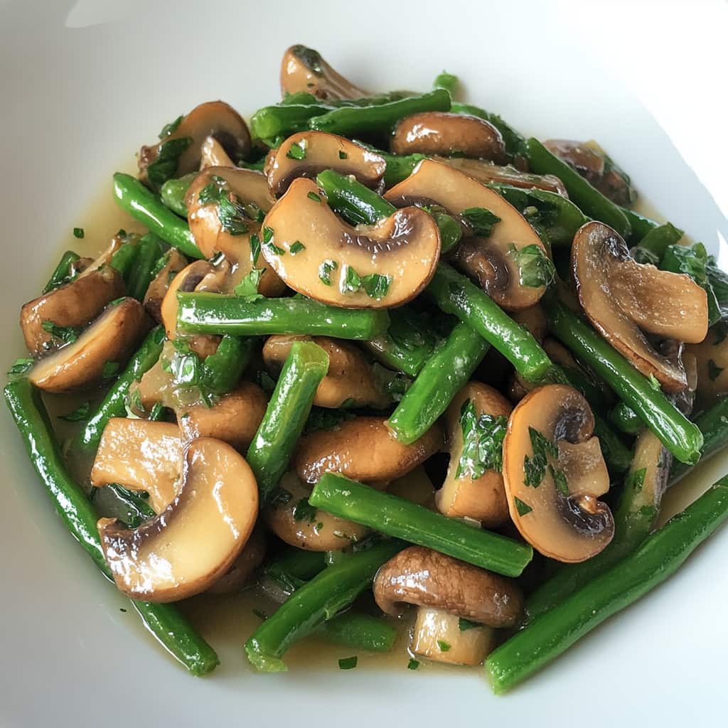 Plat de haricots verts sautés avec des champignons, garnis de persil frais.