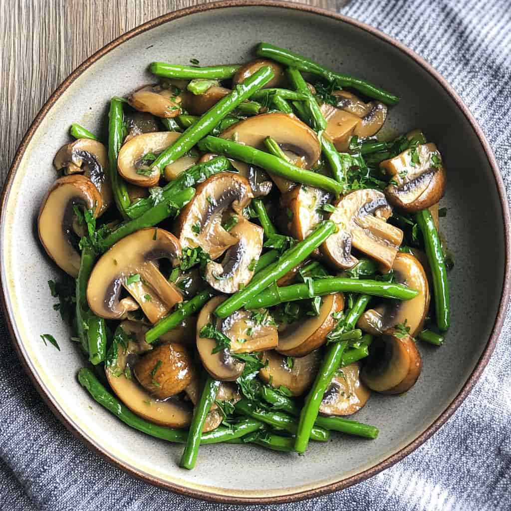 Sauté de haricots verts et champignons servi dans un bol, garni de persil frais.