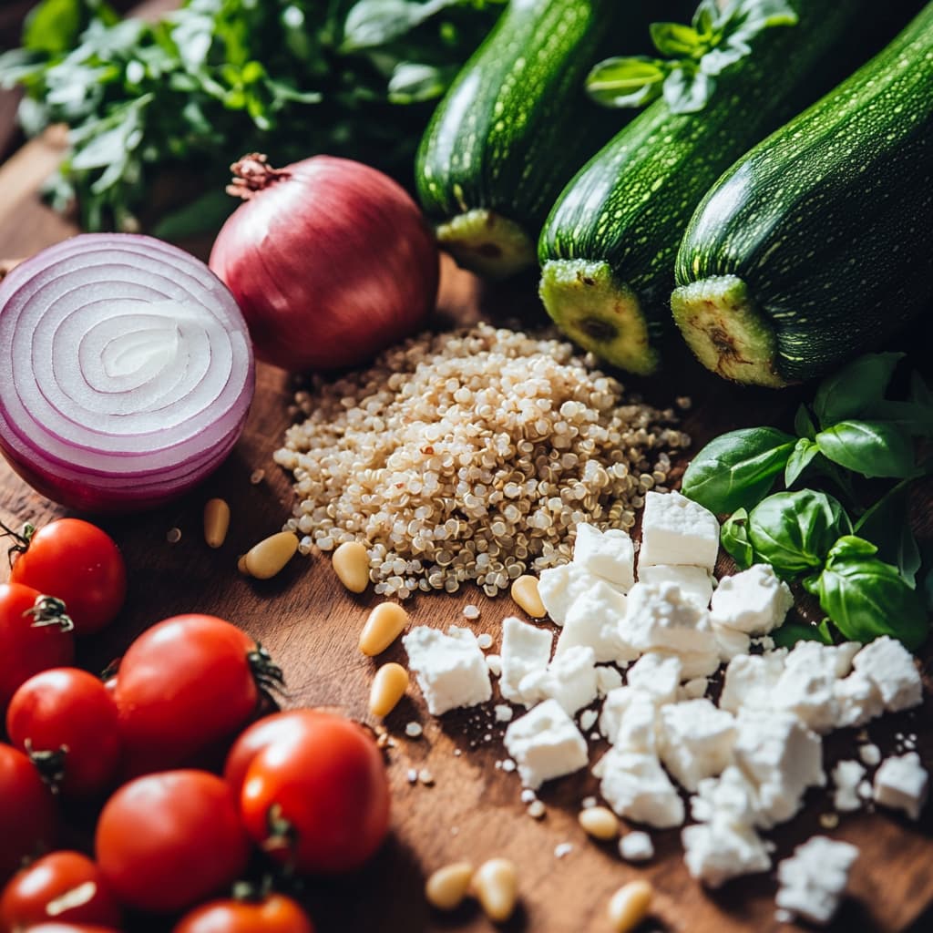 Ingrédients frais pour les courgettes farcies végétariennes : courgettes, quinoa, oignon rouge, tomates cerises, fromage feta, pignons de pin et basilic frais disposés sur une planche en bois