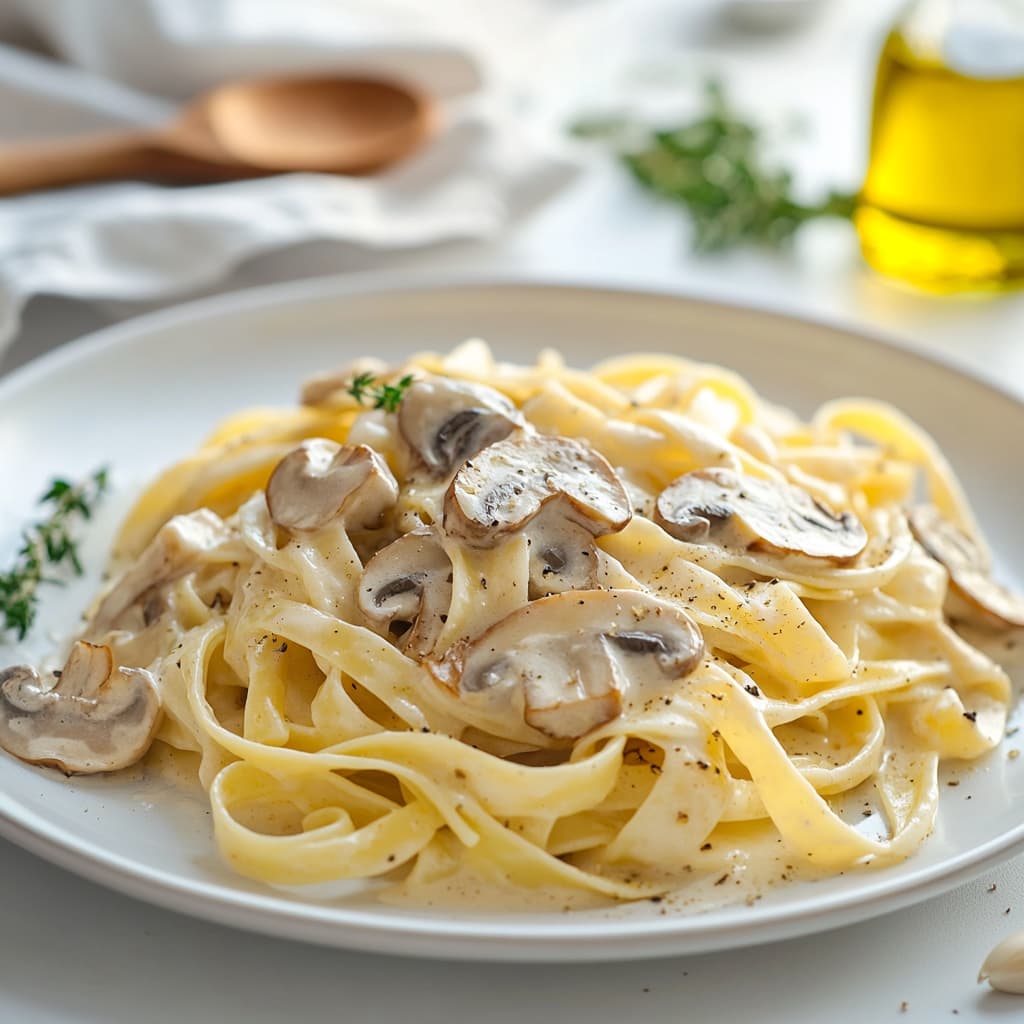 Tagliatelles crémeuses aux champignons et à l'ail sur une assiette moderne en céramique blanche, avec des morceaux de pâtes non cuites et un fond de cuisine simple.