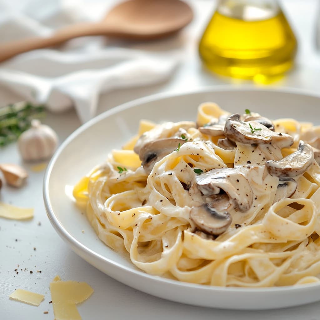 Tagliatelles crémeuses aux champignons et à l'ail sur une assiette en céramique blanche, servies dans une cuisine moderne avec des pâtes non cuites à côté